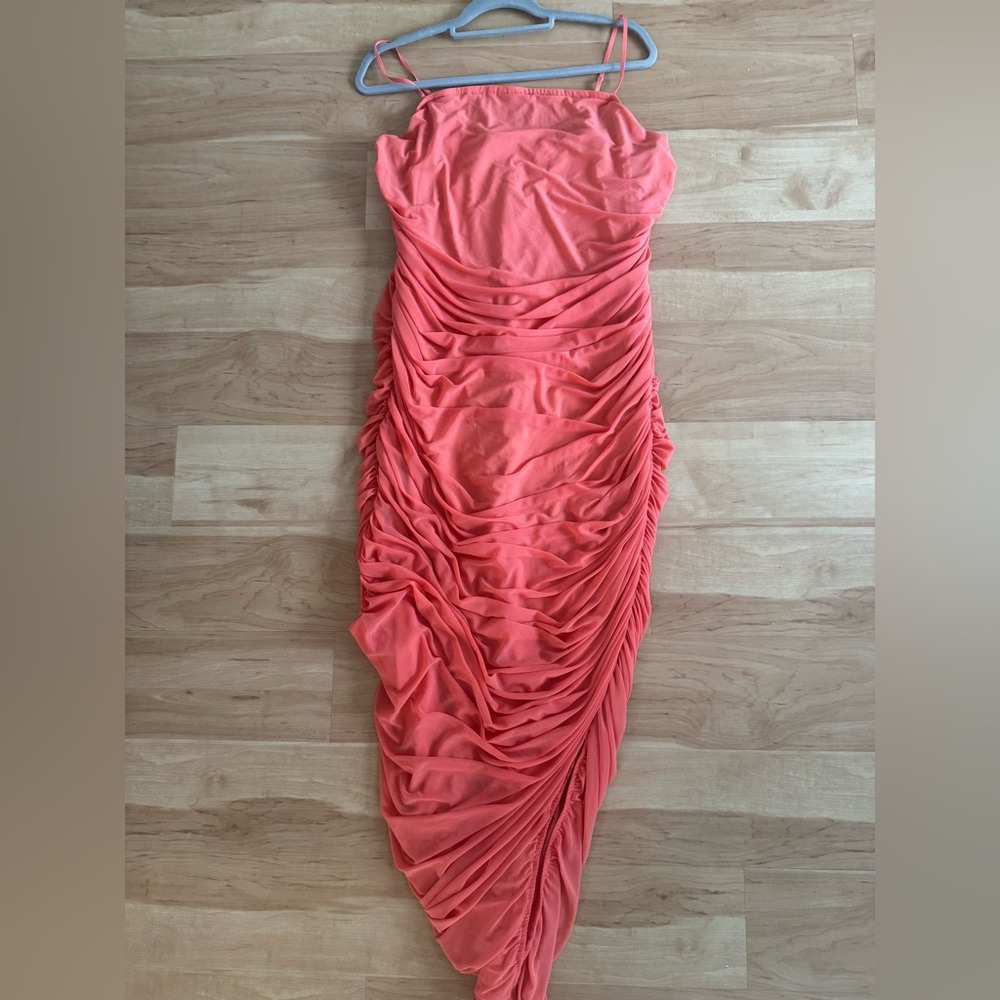 Venus Coral Ruched Column Mesh Bodycon Dress with Spaghetti Straps Size 2X - Picture 2 of 7